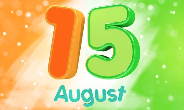 3D render Illustration. Glossy 3d text 15 August in Indian flag color for Happy Independence Day celebration.