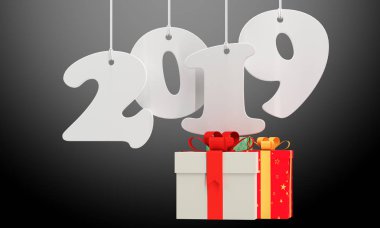 3D render 2019 beyaz kağıt origami kartı hediye kutuları ile gösteren resim.