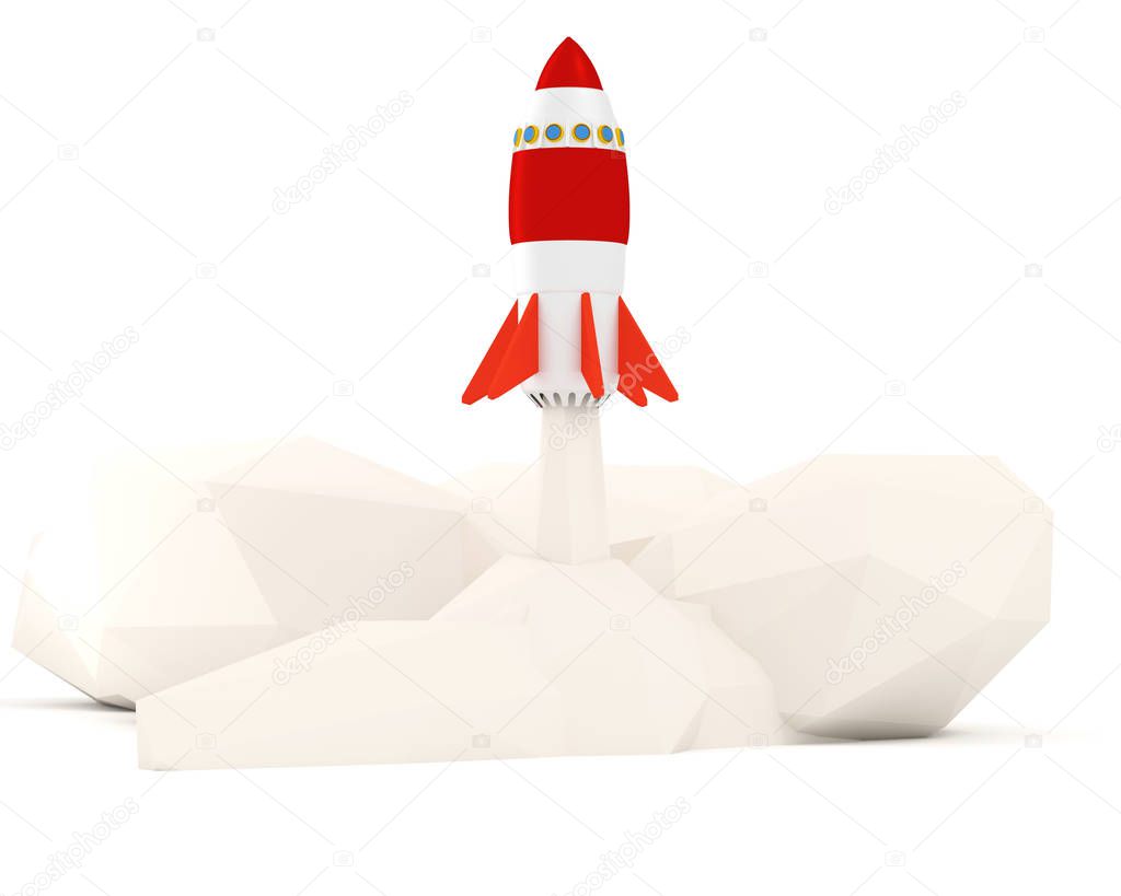 3D illustration. Startup concept with rocket flying on white background.