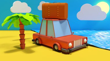 3D render illüstrasyon. Seyahat kavramı, çizgi film araba bavula saside ile.