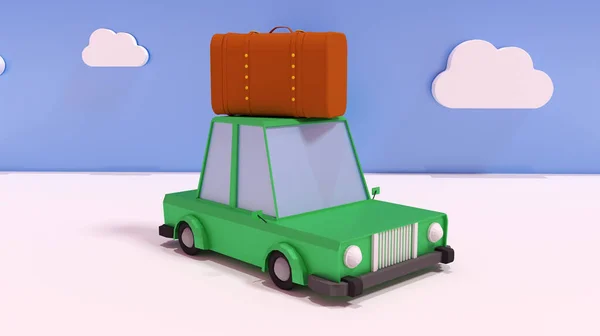 3D render Illustration. Travel concept, cartoon car with suitcase.