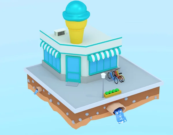 3D render Illustration. Isometric building cafe ice cream.Building terass and a canopy Summer frozen delicacy for children.