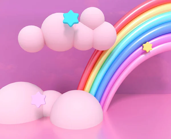 3D render Illustration. Cartoon rainbow, clouds and stars.