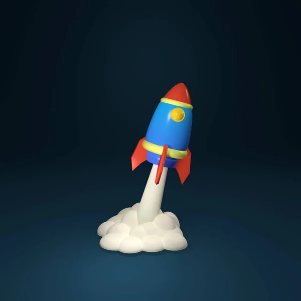 3D render Illustration. Cartoon space rocket sculpture.