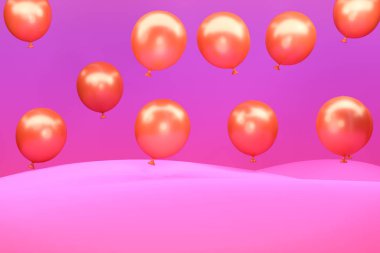 3D render illüstrasyon. Baloons pembe tatlı karikatür dağlar üzerinde.