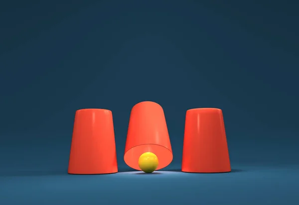 3D render illüstrasyon. Karayı: üç yüksükler ve bir top.