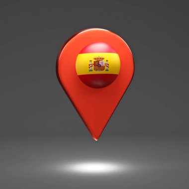 3D render illüstrasyon. İşaretçi İspanya Ulusal bayrak yansıması ile topu ile. Etiket konumunu belirtmek için.