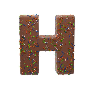 Çikolatalı pasta çörek fontla renkli sprinkles. Lezzetli mektup H. 3d Render illüstrasyon.
