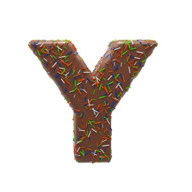 Çikolatalı pasta çörek fontla renkli sprinkles. Lezzetli mektup Y. 3d Render illüstrasyon.