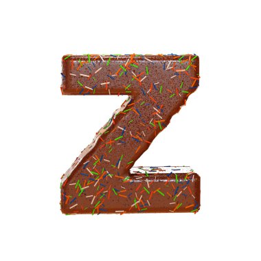 Çikolatalı pasta çörek fontla renkli sprinkles. Lezzetli mektup Z. 3d Render illüstrasyon.