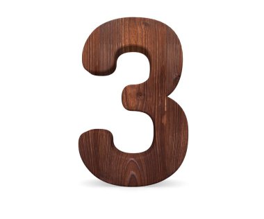 Dekoratif ahşap alfabe sayısı üç simgesi - 3. 3D render illüstrasyon. Beyaz arka plan üzerinde izole