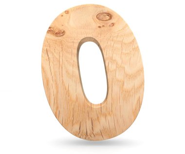 3D dekoratif ahşap alfabe sayısı sıfır simgesi - 0. Beyaz arka plan üzerinde izole