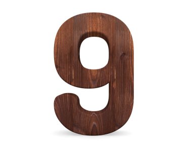 Dekoratif ahşap alfabe sayısı dokuz simgesi - 9. 3D render illüstrasyon. Beyaz arka plan üzerinde izole