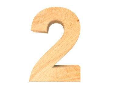 Dekoratif ahşap alfabe sayısı iki simgesi - 2. 3D render illüstrasyon. Beyaz arka plan üzerinde izole