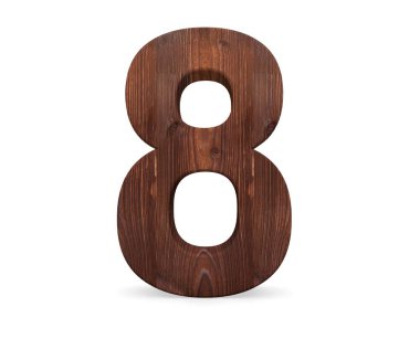 Dekoratif ahşap alfabe sayısı sekiz simgesi - 8. 3D render illüstrasyon. Beyaz arka plan üzerinde izole