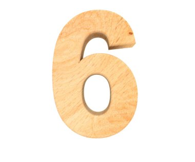 Dekoratif ahşap alfabe sayısı altı simgesi - 6. 3D render illüstrasyon. Beyaz arka plan üzerinde izole