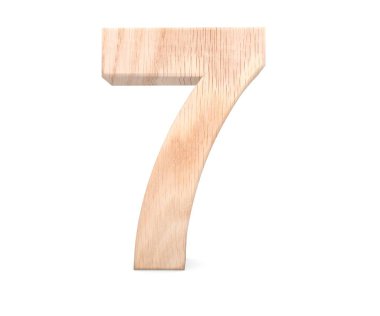 Dekoratif ahşap alfabe sayısı yedi simgesi - 7. 3D render illüstrasyon. Beyaz arka plan üzerinde izole
