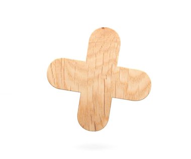 3D render illüstrasyon. Dekoratif ahşap alfabe sayısı dokuz simgesi artı toplamı işareti mektup şarkı. Beyaz arka plan üzerinde izole