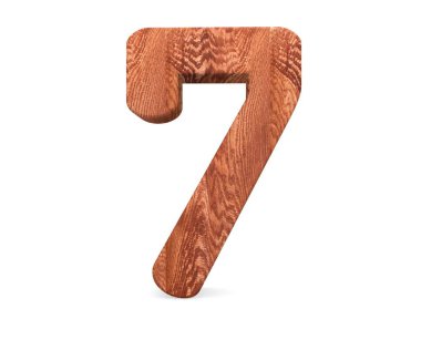 Dekoratif ahşap alfabe sayısı yedi simgesi - 7. 3D render illüstrasyon. Beyaz arka plan üzerinde izole