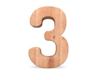 Dekoratif ahşap alfabe sayısı üç simgesi - 3. 3D render illüstrasyon. Beyaz arka plan üzerinde izole