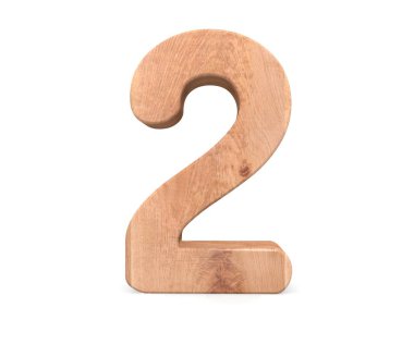 Dekoratif ahşap alfabe sayısı iki simgesi - 2. 3D render illüstrasyon. Beyaz arka plan üzerinde izole