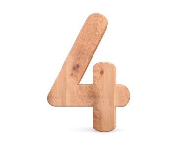 Dekoratif ahşap alfabe sayısı dört simgesi - 4. 3D render illüstrasyon. Beyaz arka plan üzerinde izole