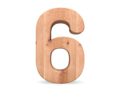 Dekoratif ahşap alfabe sayısı altı simgesi - 6. 3D render illüstrasyon. Beyaz arka plan üzerinde izole