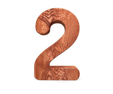 Dekoratif ahşap alfabe sayısı iki simgesi - 2. 3D render illüstrasyon. Beyaz arka plan üzerinde izole