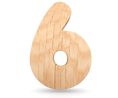 3D dekoratif ahşap alfabe sayısı altı simgesi - 6. Beyaz arka plan üzerinde izole