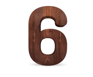 Dekoratif ahşap alfabe sayısı altı simgesi - 6. 3D render illüstrasyon. Beyaz arka plan üzerinde izole