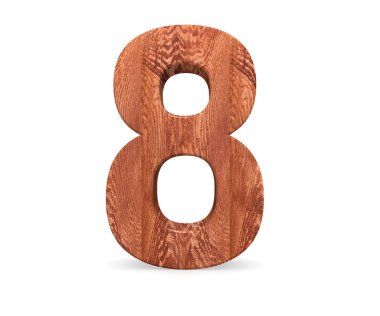 Dekoratif ahşap alfabe sayısı sekiz simgesi - 8. 3D render illüstrasyon. Beyaz arka plan üzerinde izole
