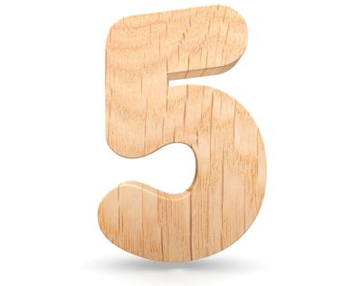 3D dekoratif ahşap alfabe sayısı beş simgesi - 5. Beyaz arka plan üzerinde izole
