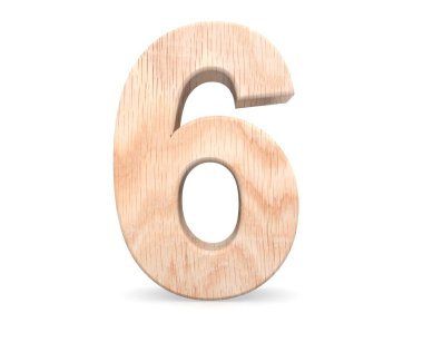 Dekoratif ahşap alfabe sayısı altı simgesi - 6. 3D render illüstrasyon. Beyaz arka plan üzerinde izole