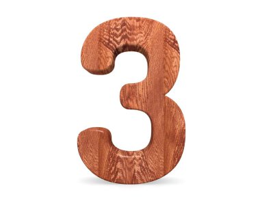 Dekoratif ahşap alfabe sayısı üç simgesi - 3. 3D render illüstrasyon. Beyaz arka plan üzerinde izole