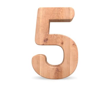 Dekoratif ahşap alfabe sayısı beş simgesi - 5. 3D render illüstrasyon. Beyaz arka plan üzerinde izole