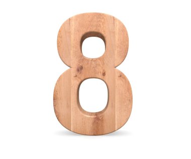 Dekoratif ahşap alfabe sayısı sekiz simgesi - 8. 3D render illüstrasyon. Beyaz arka plan üzerinde izole