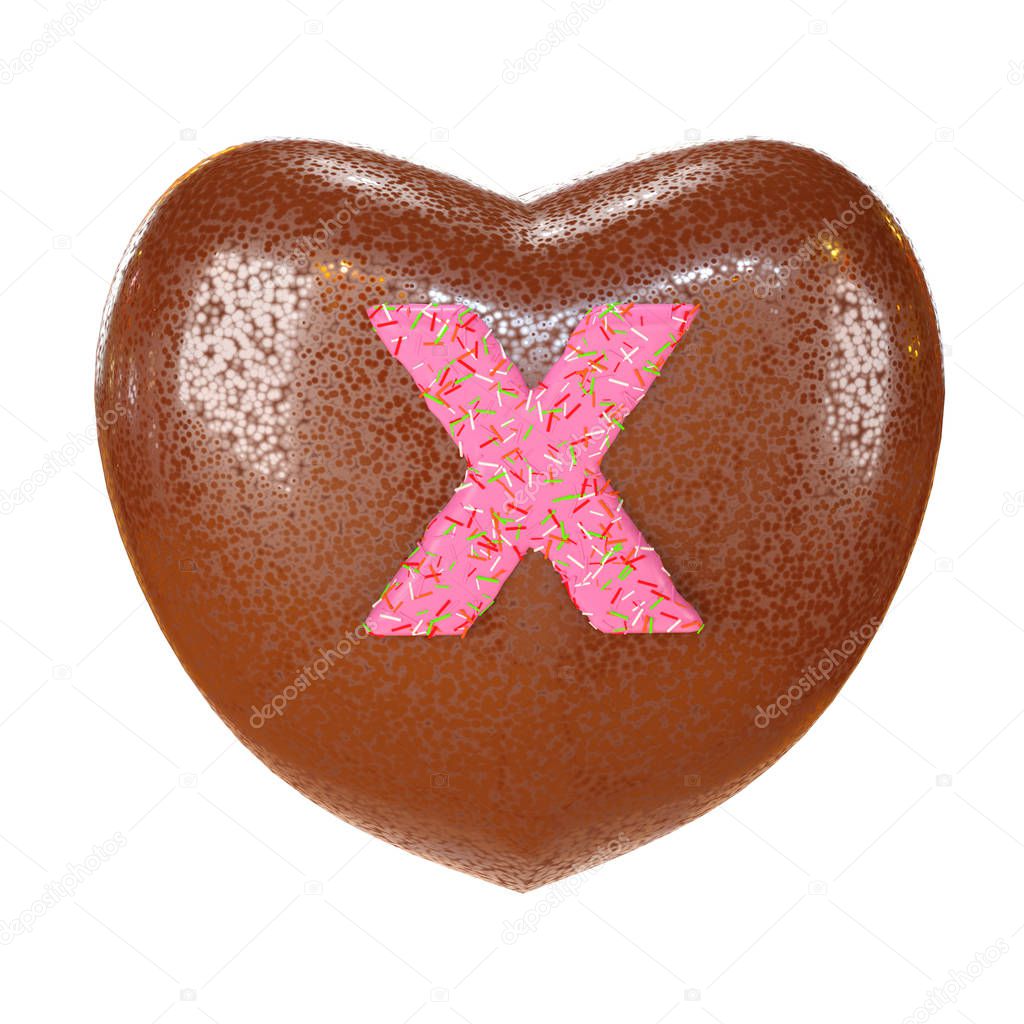 Pink letter X inside chocolate heart shape. 3D Render Illustration.