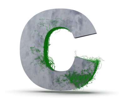 Beton büyük harf - C hangi asma, beyaz arka plan üzerinde izole büyür. 3D render illüstrasyon