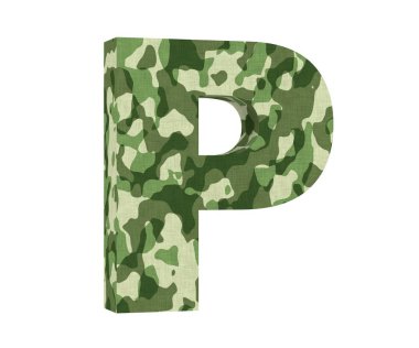 Kamuflaj mektup. Büyük harf - beyaz arka plan üzerinde izole P. 3D render illüstrasyon