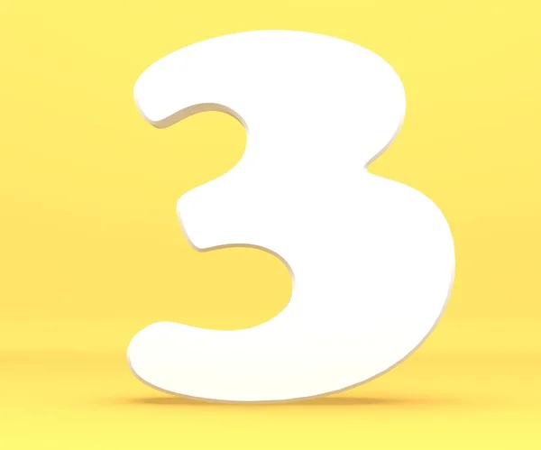 3D-Darstellung. weiße Papierziffer Alphabet Buchstabe 3 drei Schriftart. Vorderseite Nummer 3 Symbol auf gelbem Hintergrund. — Stockfoto
