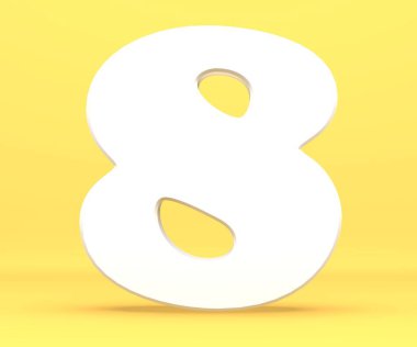 3D render illüstrasyon. Beyaz kağıt basamak alfabe karakter 8 sekiz yazı. Önden Görünüm 8 numaralı sembolü sarı bir arka plan.