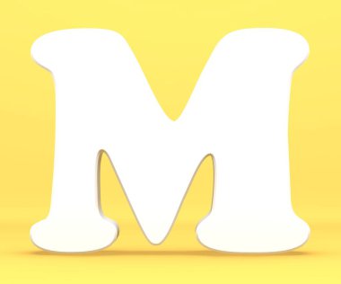 3D render illüstrasyon. Beyaz kağıt mektup alfabe karakteri M yazı tipi. Mavi bir arka plan ön görünüm sermaye sembolü.