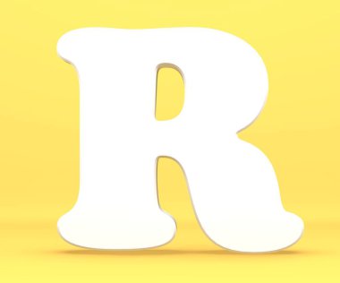 3D render illüstrasyon. Beyaz kağıt mektup alfabe karakteri R yazı tipi. Mavi bir arka plan ön görünüm sermaye sembolü.