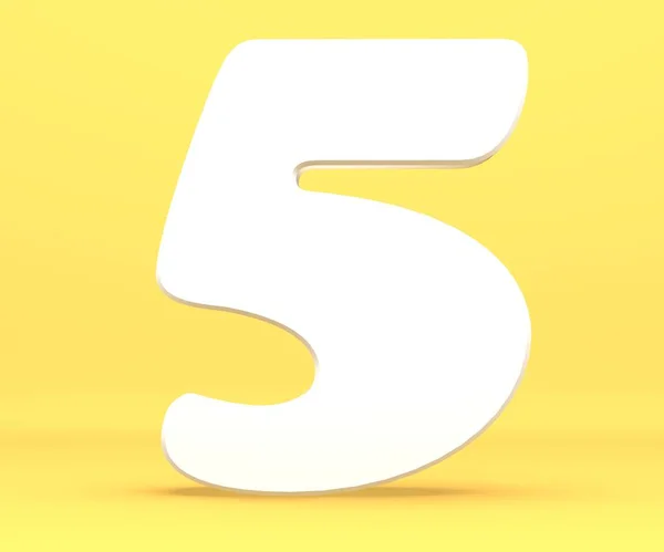 3 d レンダリング図。ホワイト ペーパー桁アルファベット 5 文字 5 フォントです。黄色の背景にフロント ビュー数 5 シンボル. — ストック写真