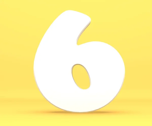 Ilustração de renderização 3d. White paper digit alphabet character 6 six font. Vista frontal número 6 símbolo em um fundo amarelo . — Fotografia de Stock