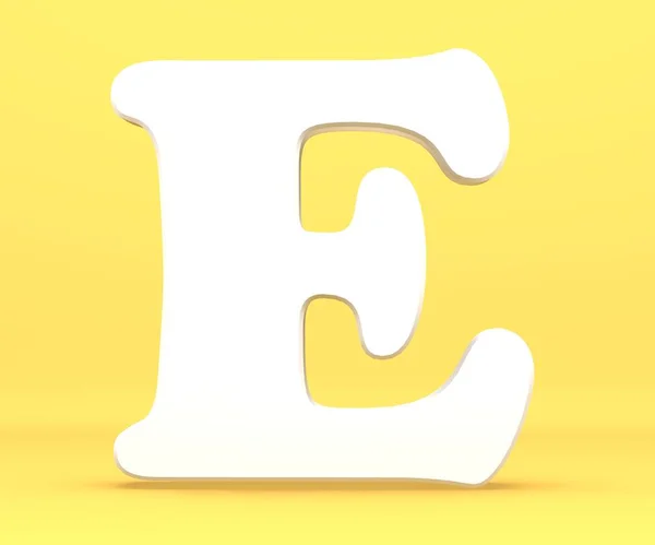 3 d レンダリング図。ホワイト ペーパー手紙アルファベット E の文字フォントです。青色の背景に正面資本シンボル. — ストック写真