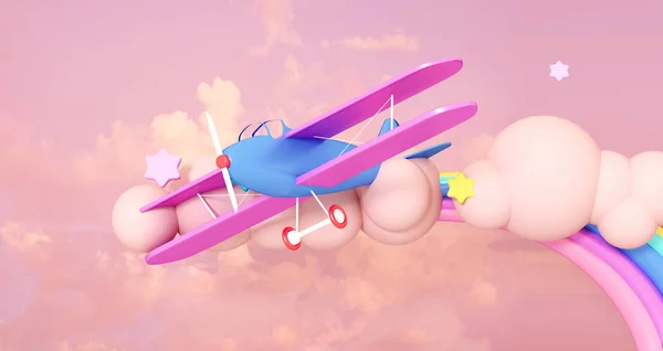 3D render illüstrasyon. Pembe bir arka plan üzerinde bulutlar mavi uçak.