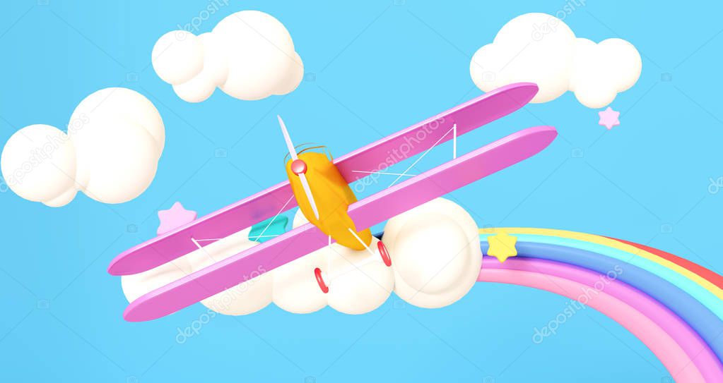 3D Render Illustration. Yellow airplane in the clouds on a blue background.