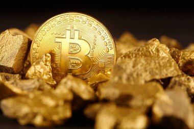 Altın Bitcoin sikke ve höyüğün altın. Bitcoin cryptocurrency. İş kavramı.