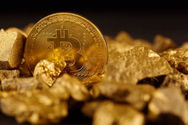 Altın Bitcoin sikke ve höyüğün altın. Bitcoin cryptocurrency. İş kavramı.